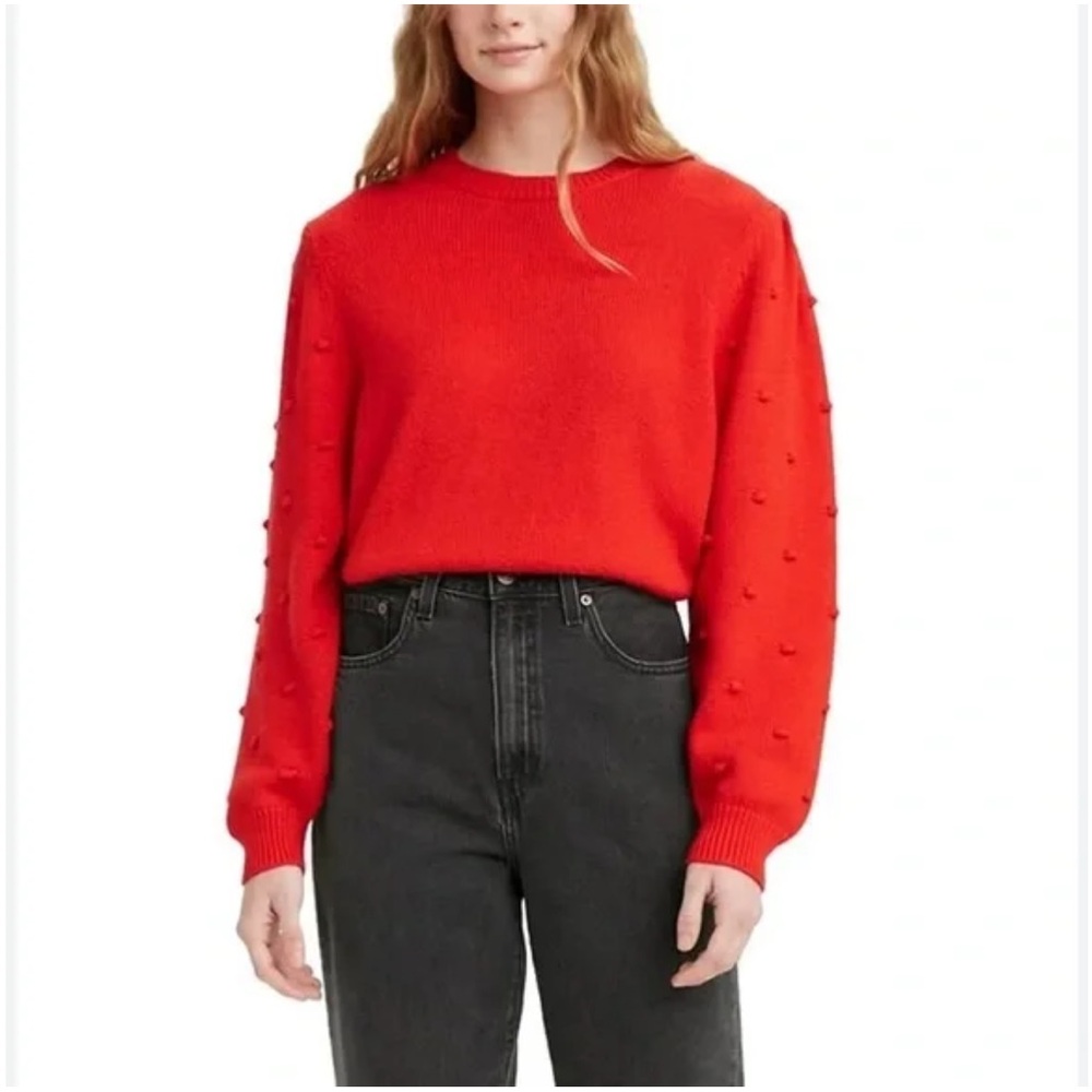 LEVIS Red Pom Pom Popcorn Knit Long Sleeve Sleeve Crewneck Cropped Sweater